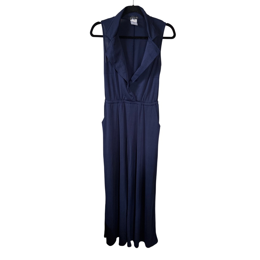 Venus Jumpsuit Womens Small Navy Blue  Wide Leg Sleeveless Collared